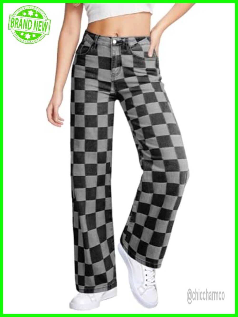 High Waisted Wide Leg Jeans Checkered Stretchy Straight Leg Denim Pants